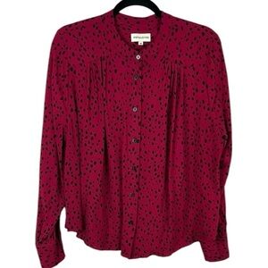 Pepaloves Polka Dot Leopard Pleated Button Down Blouse Medium Red Black